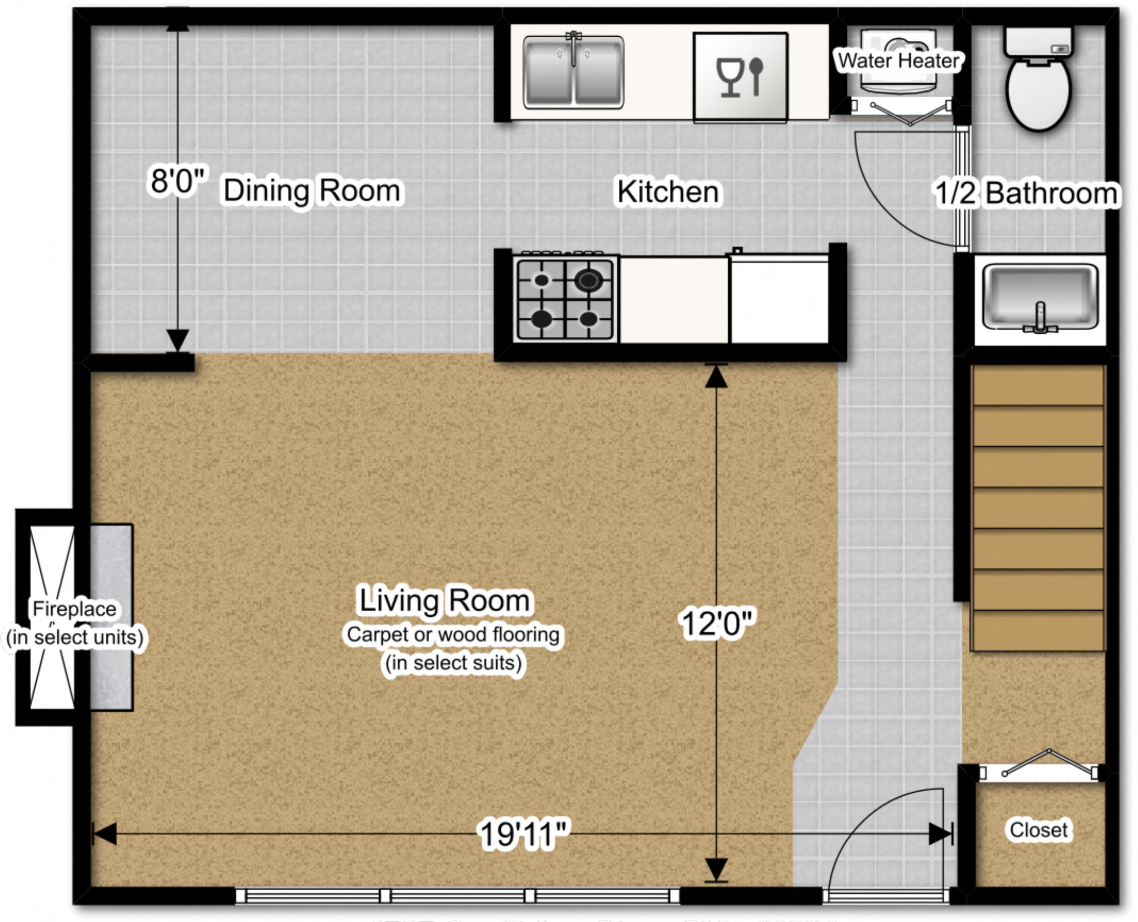 Floor plan for 2 beds, 1.5 baths, 980 sqft